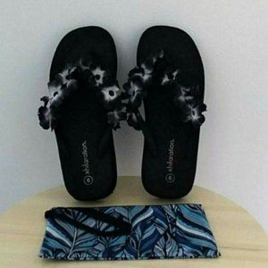 Womens Black SANDALS  Size 9 & Make up Bag Silk Flowers Shoes Beach Pool Party